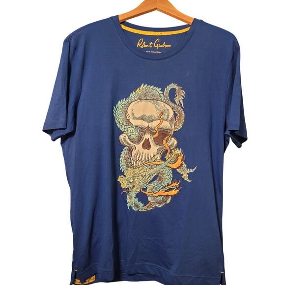 Robert Graham Men Dragon Skull Shirt L Blue Yellow Artsy Grunge Graphic Tee NEW - Picture 2 of 6